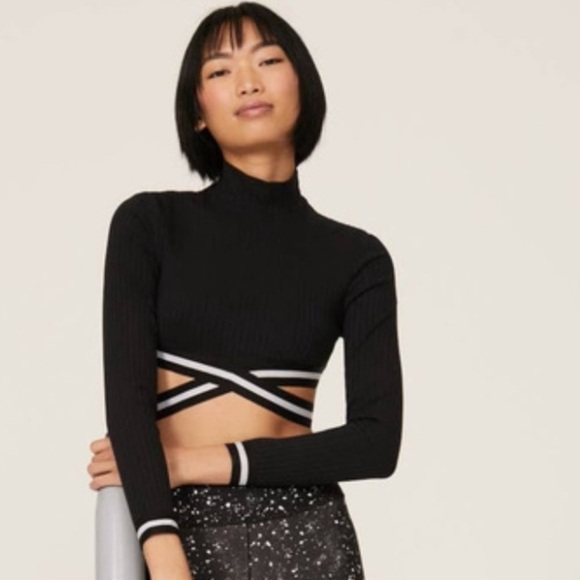 MICHI Apex Ribbed Long Sleeve Top Criss Cross Strap Cropped Black - Picture 1 of 16